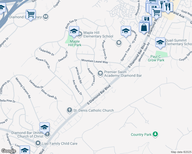 map of restaurants, bars, coffee shops, grocery stores, and more near 1702 Aspen Grove Lane in Diamond Bar