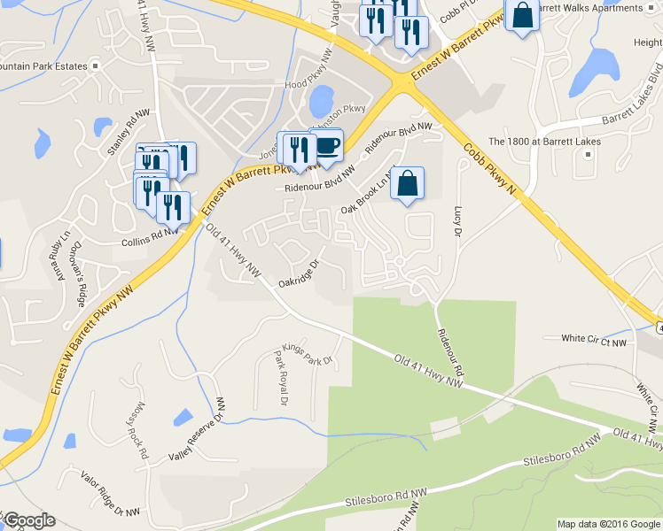 map of restaurants, bars, coffee shops, grocery stores, and more near Ferocity Ridge Way Northwest in Kennesaw