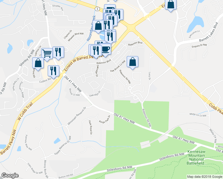 map of restaurants, bars, coffee shops, grocery stores, and more near 1432 Ferocity Ridge Way Northwest in Kennesaw