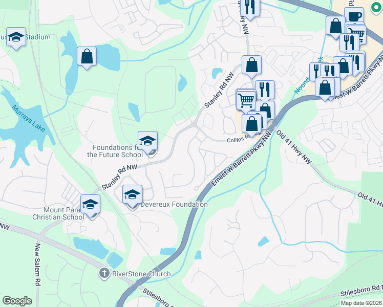 map of restaurants, bars, coffee shops, grocery stores, and more near 1549 Anna Ruby Lane in Kennesaw