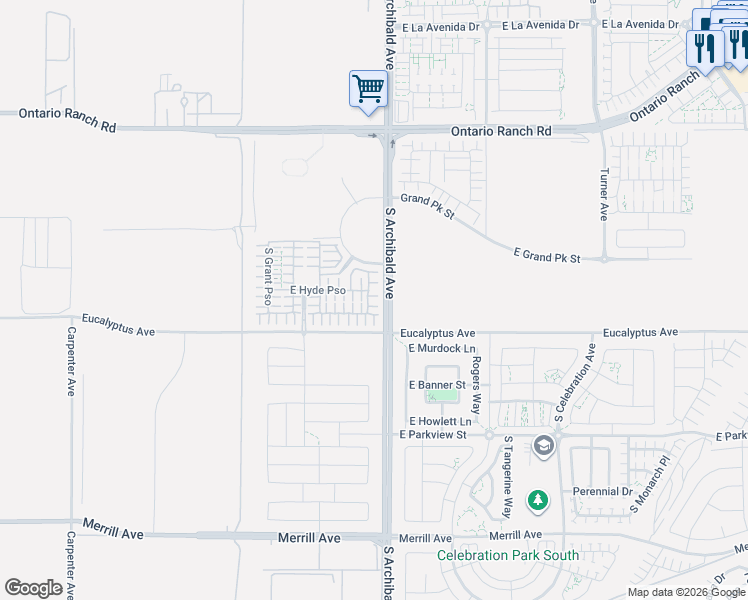 map of restaurants, bars, coffee shops, grocery stores, and more near 4523 South Patterson Paseo in Ontario
