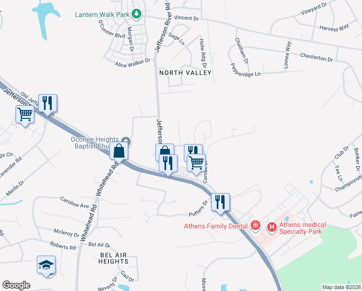map of restaurants, bars, coffee shops, grocery stores, and more near 248 Camak Drive in Athens