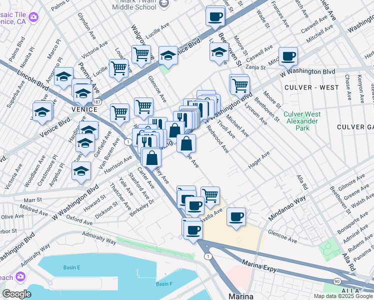 map of restaurants, bars, coffee shops, grocery stores, and more near 4040 Glencoe Avenue in Marina del Rey