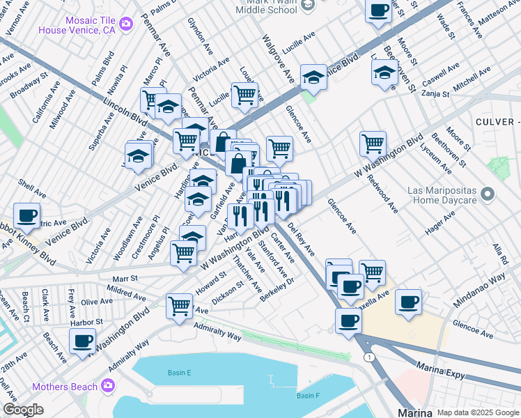 map of restaurants, bars, coffee shops, grocery stores, and more near 2533 California 1 in Los Angeles