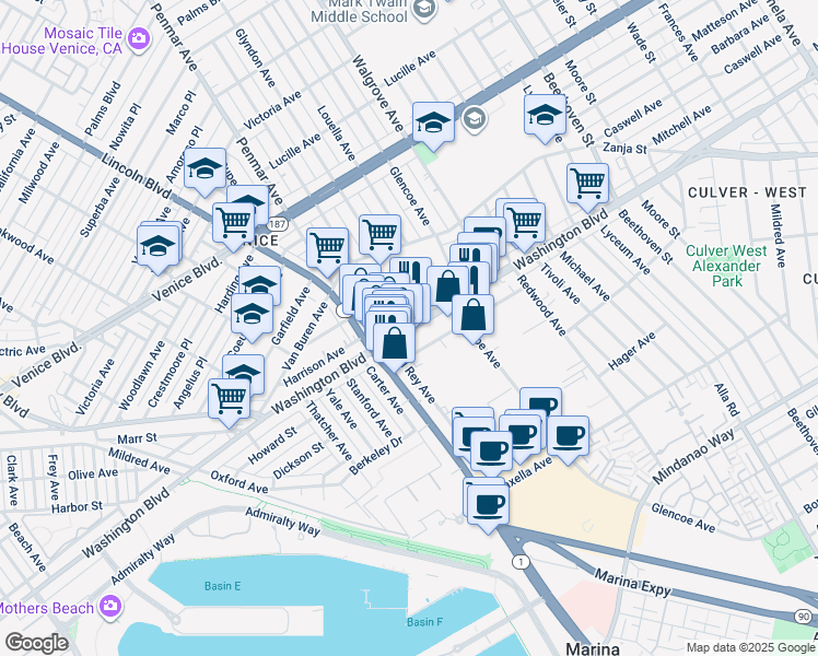 map of restaurants, bars, coffee shops, grocery stores, and more near 13455 West Washington Boulevard in Marina del Rey