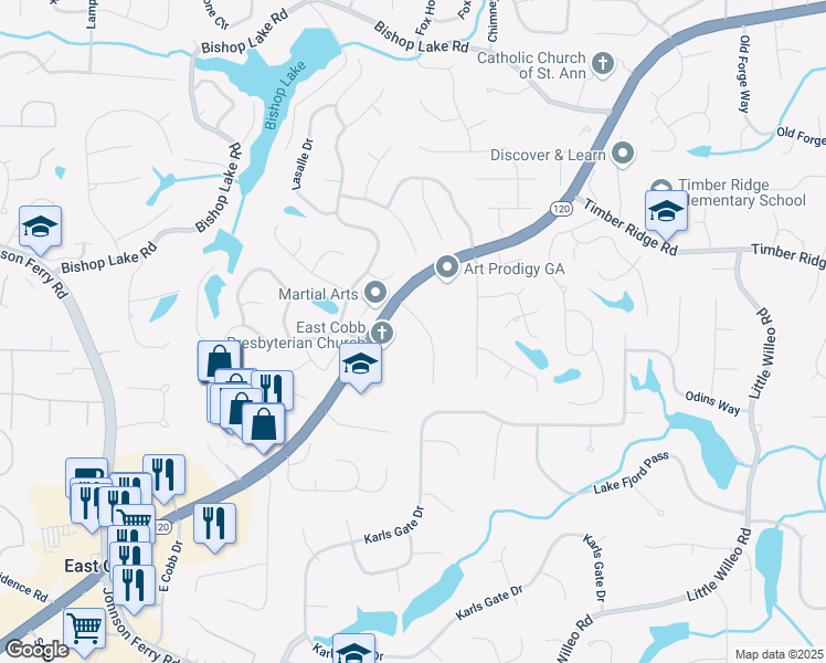 map of restaurants, bars, coffee shops, grocery stores, and more near 1745 Shady Hill Road Northeast in Marietta