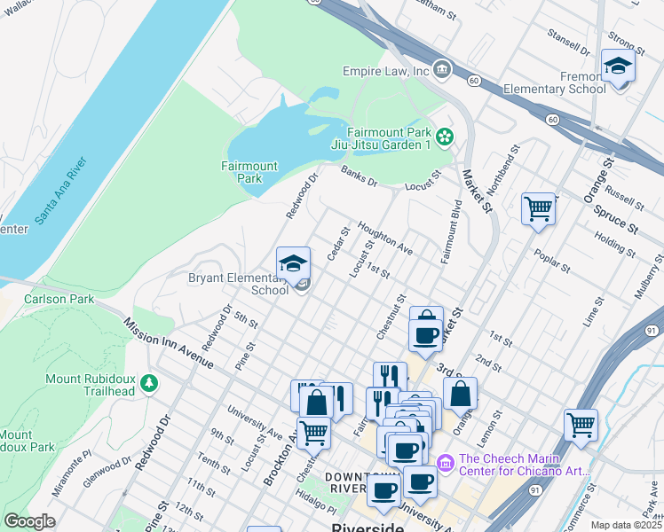 map of restaurants, bars, coffee shops, grocery stores, and more near 3176 Cedar Street in Riverside