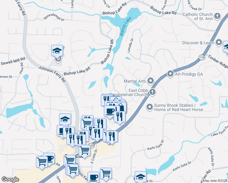 map of restaurants, bars, coffee shops, grocery stores, and more near 2041 Kinsmon Drive in Marietta