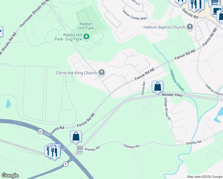 map of restaurants, bars, coffee shops, grocery stores, and more near 2003 Fence Road Northeast in Dacula