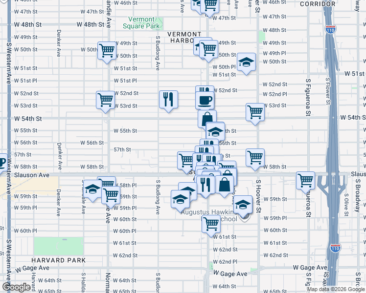 map of restaurants, bars, coffee shops, grocery stores, and more near 1066 West 56th Street in Los Angeles