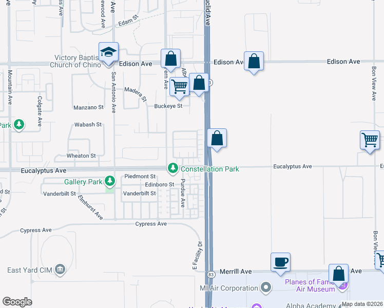map of restaurants, bars, coffee shops, grocery stores, and more near 6998 Avignon Drive in Chino