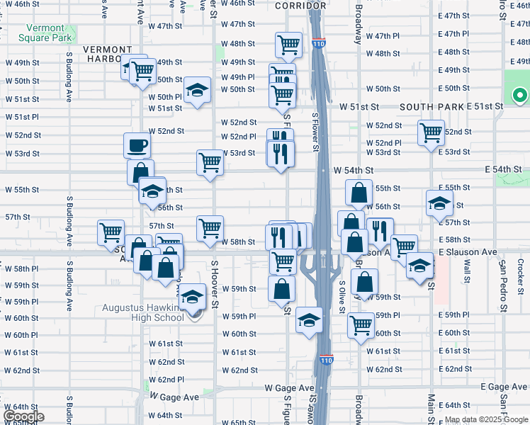 map of restaurants, bars, coffee shops, grocery stores, and more near 534 West 56th Street in Los Angeles