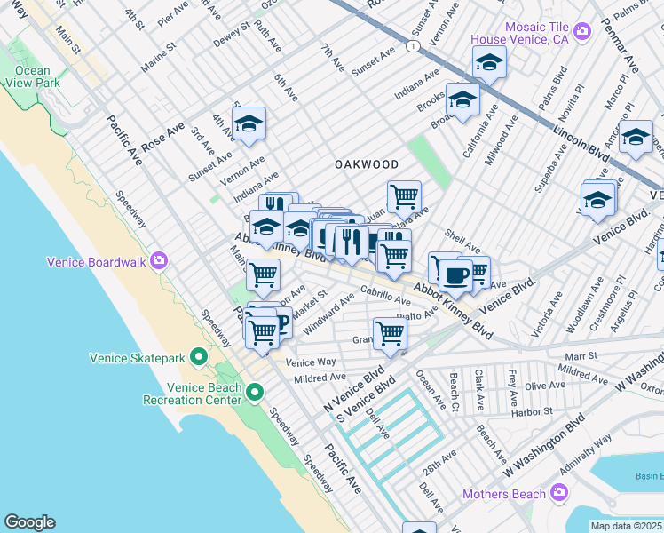 map of restaurants, bars, coffee shops, grocery stores, and more near 1202 Abbot Kinney Boulevard in Los Angeles