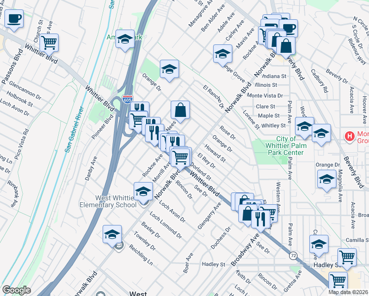 map of restaurants, bars, coffee shops, grocery stores, and more near 5926 Morrill Avenue in Whittier