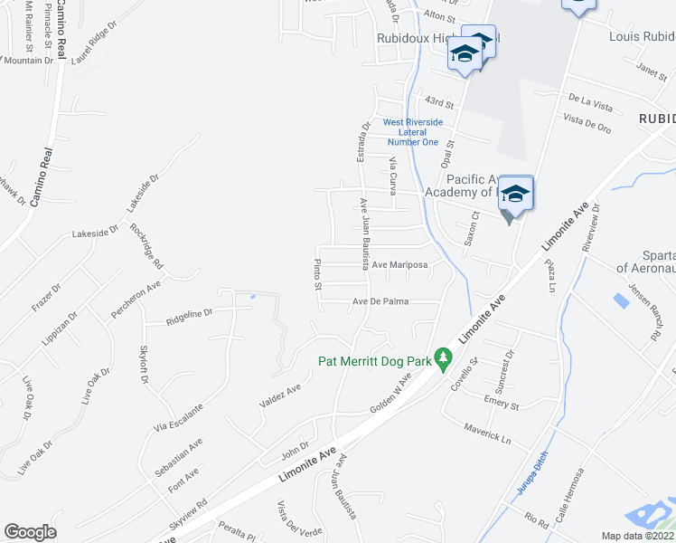 map of restaurants, bars, coffee shops, grocery stores, and more near 6657 Avenue Mariposa in Riverside