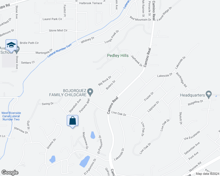 map of restaurants, bars, coffee shops, grocery stores, and more near 7760 Bolero Drive in Riverside