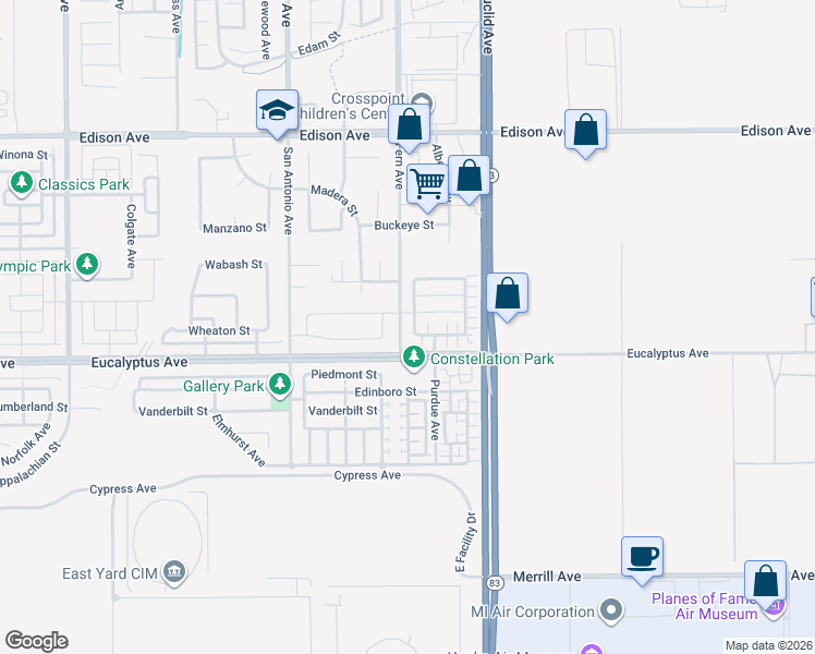 map of restaurants, bars, coffee shops, grocery stores, and more near 14440 Saint Michaels Lane in Chino
