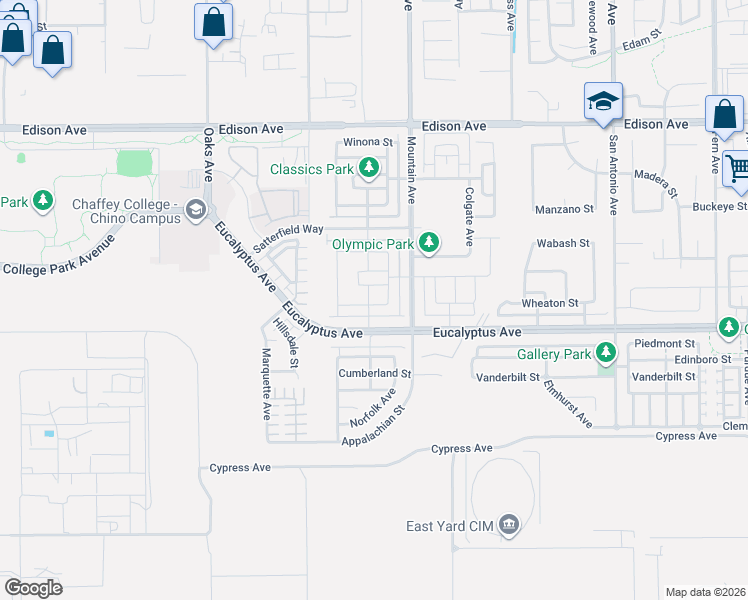 map of restaurants, bars, coffee shops, grocery stores, and more near 6225 Hilbert Street in Chino