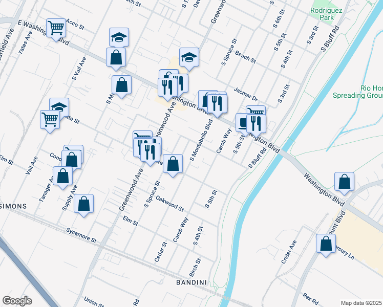 map of restaurants, bars, coffee shops, grocery stores, and more near 1106 South Montebello Boulevard in Montebello