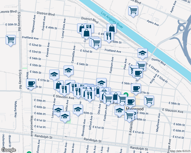map of restaurants, bars, coffee shops, grocery stores, and more near 4040 East 55th Street in Maywood
