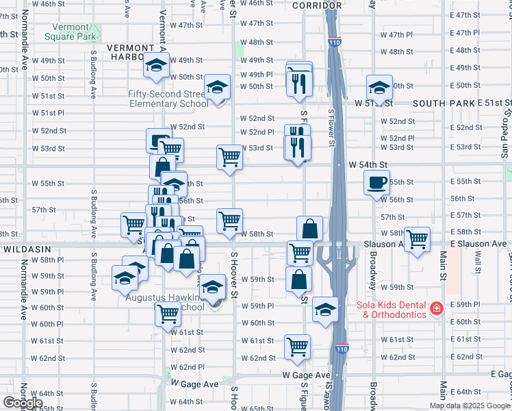map of restaurants, bars, coffee shops, grocery stores, and more near 637 West 56th Street in Los Angeles