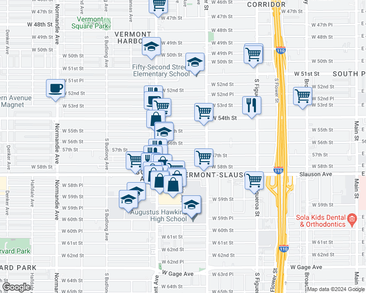 map of restaurants, bars, coffee shops, grocery stores, and more near 837 West 56th Street in Los Angeles