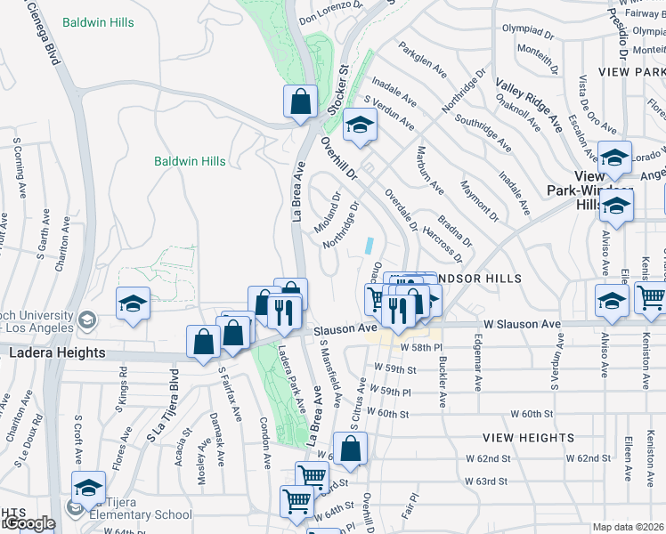 map of restaurants, bars, coffee shops, grocery stores, and more near 5516 Secrest Drive in View Park-Windsor Hills
