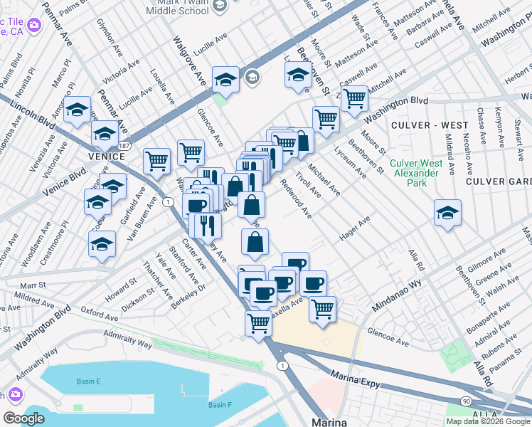 map of restaurants, bars, coffee shops, grocery stores, and more near 13352 Beach Avenue in Marina del Rey