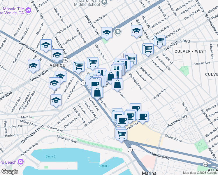 map of restaurants, bars, coffee shops, grocery stores, and more near 4040 Glencoe Avenue in Marina del Rey