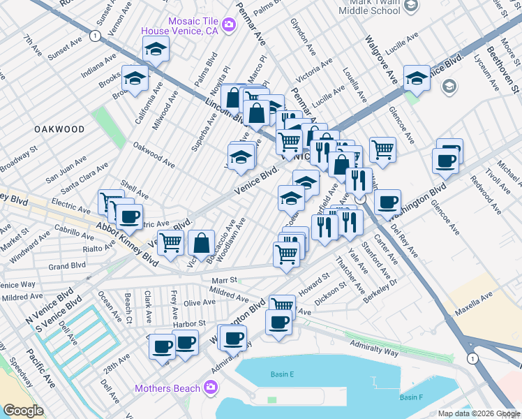map of restaurants, bars, coffee shops, grocery stores, and more near 817 Crestmoore Place in Los Angeles
