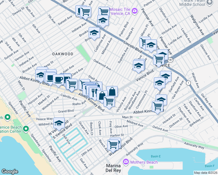 map of restaurants, bars, coffee shops, grocery stores, and more near 704 Superba Avenue in Los Angeles