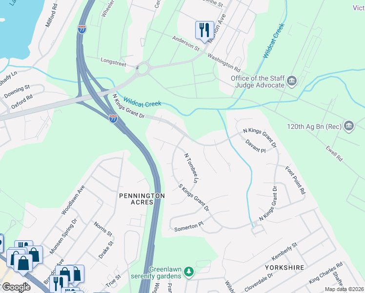 map of restaurants, bars, coffee shops, grocery stores, and more near 301 North Kings Grant Drive in Columbia