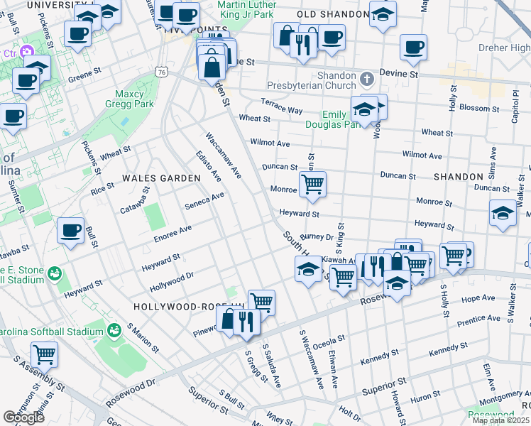 map of restaurants, bars, coffee shops, grocery stores, and more near 2415 Heyward Street in Columbia