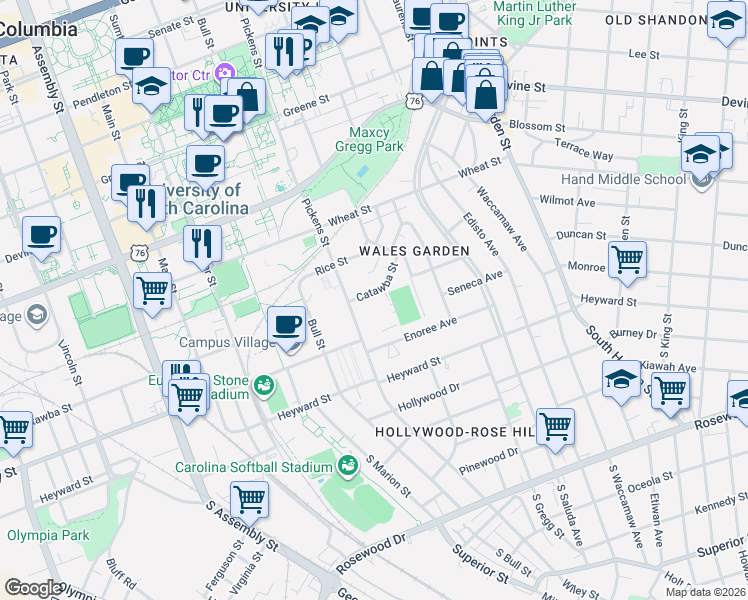 map of restaurants, bars, coffee shops, grocery stores, and more near 1619 Catawba Street in Columbia