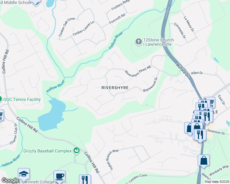 map of restaurants, bars, coffee shops, grocery stores, and more near 211 Larkshyre Trail Northeast in Lawrenceville