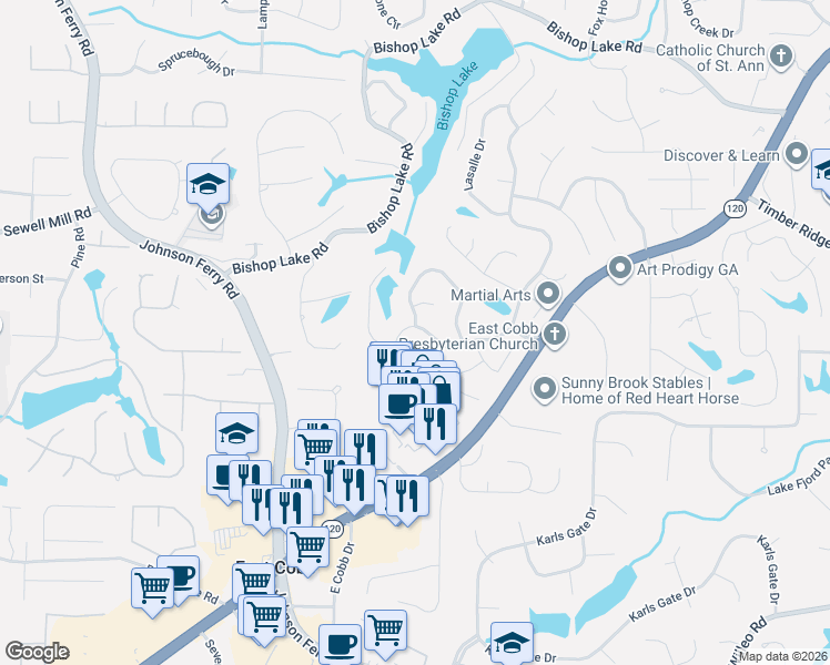 map of restaurants, bars, coffee shops, grocery stores, and more near 2041 Kinsmon Drive in Marietta