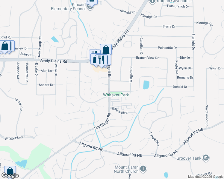 map of restaurants, bars, coffee shops, grocery stores, and more near 1662 Scufflegrit Road in Marietta