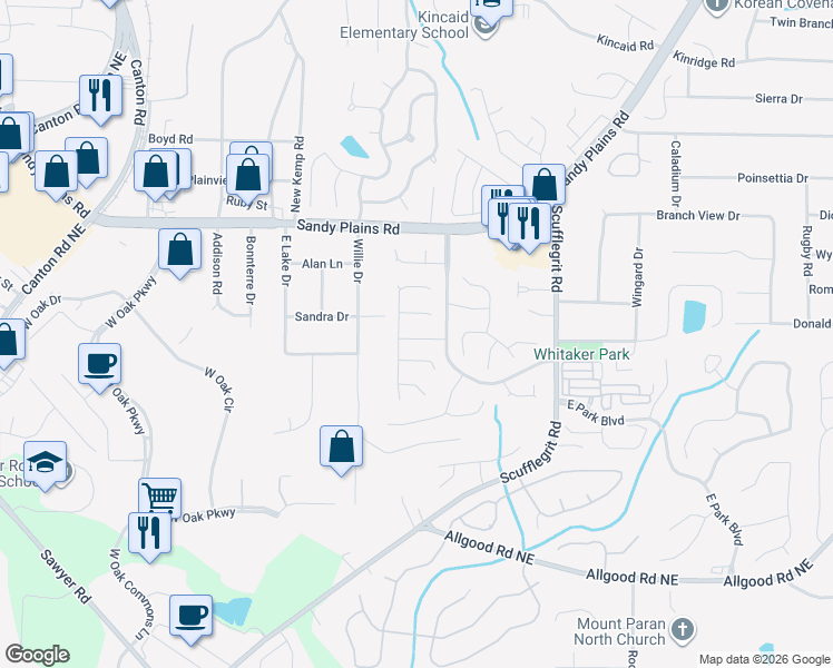 map of restaurants, bars, coffee shops, grocery stores, and more near 1360 Pinebreeze Court in Marietta