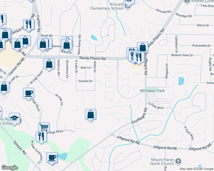 map of restaurants, bars, coffee shops, grocery stores, and more near 1570 Pinebreeze Drive in Marietta