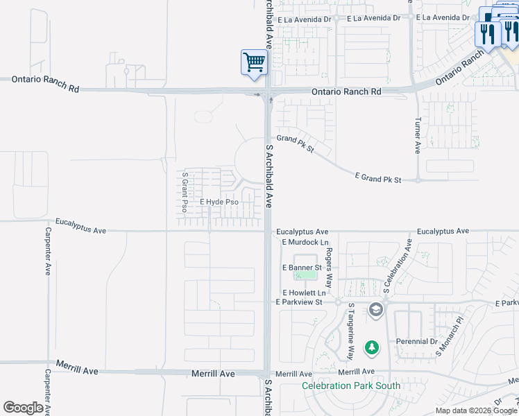 map of restaurants, bars, coffee shops, grocery stores, and more near 4523 South Patterson Paseo in Ontario