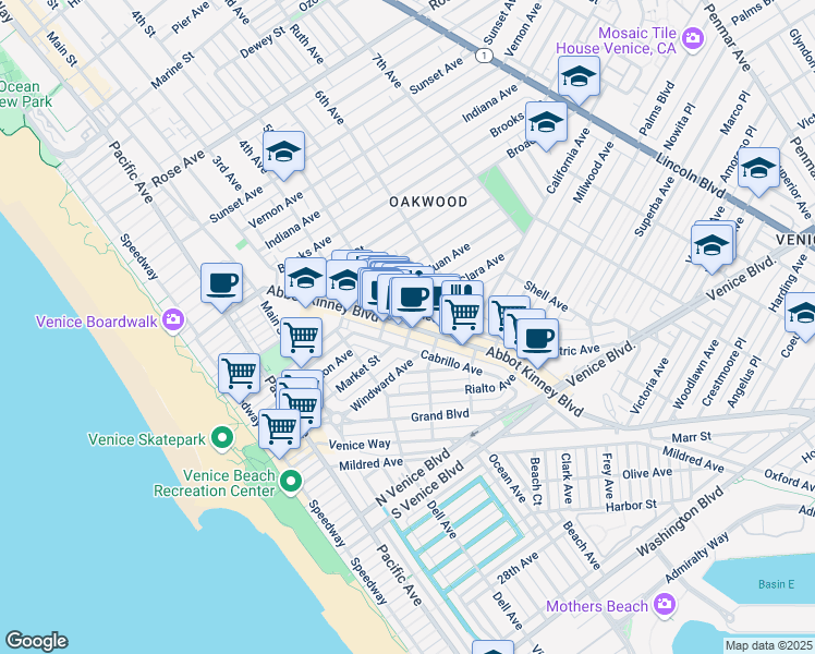 map of restaurants, bars, coffee shops, grocery stores, and more near Abbot Kinney Blvd & Santa Clara Ave in Los Angeles