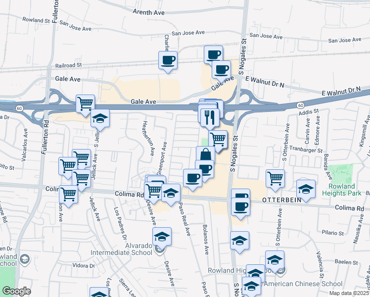 map of restaurants, bars, coffee shops, grocery stores, and more near 1441 Paso Real Avenue in La Puente