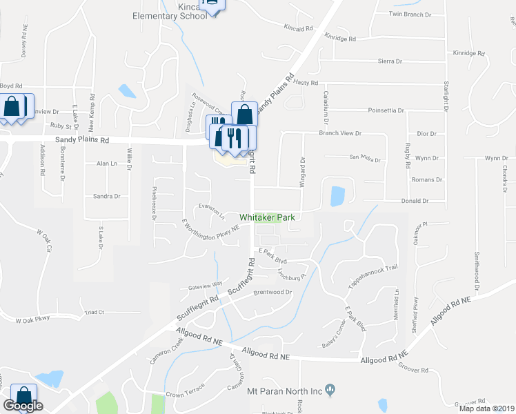 map of restaurants, bars, coffee shops, grocery stores, and more near 1662 Scufflegrit Road in Marietta
