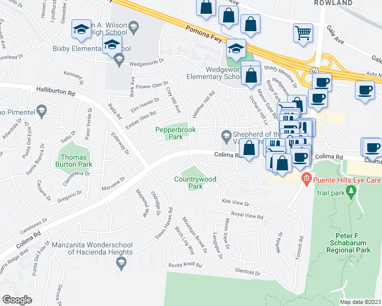 map of restaurants, bars, coffee shops, grocery stores, and more near Colima Road & Countrywood Avenue in Hacienda Heights