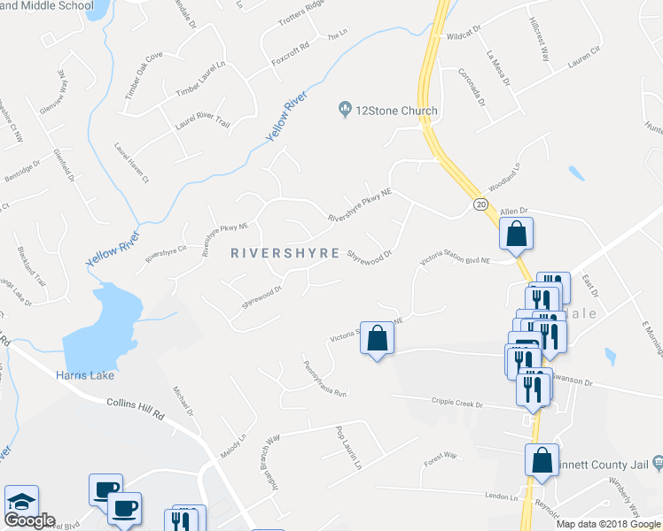 map of restaurants, bars, coffee shops, grocery stores, and more near 311 Shyrewood Drive in Lawrenceville