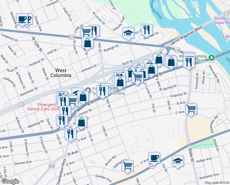 map of restaurants, bars, coffee shops, grocery stores, and more near Meeting Street in West Columbia