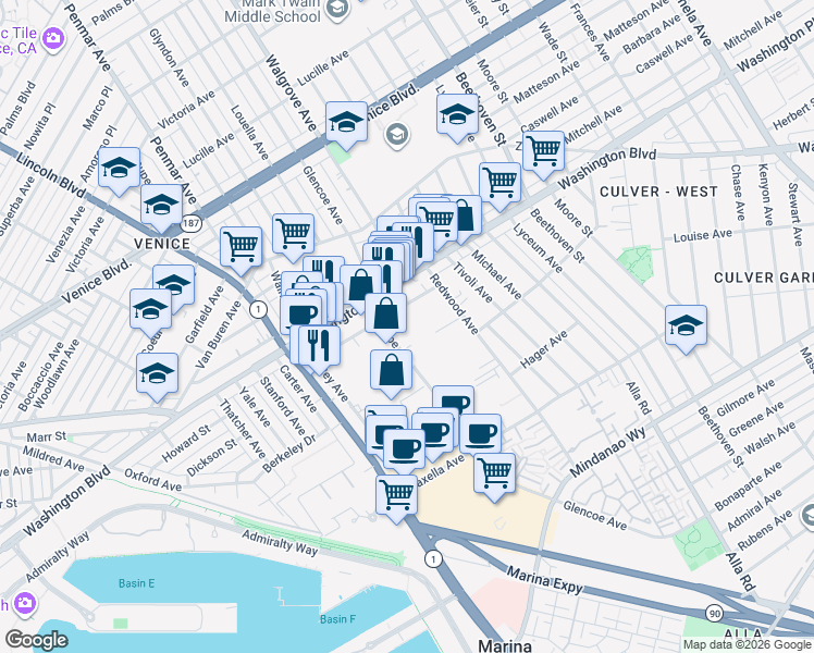 map of restaurants, bars, coffee shops, grocery stores, and more near 4050 Glencoe Avenue in Marina del Rey