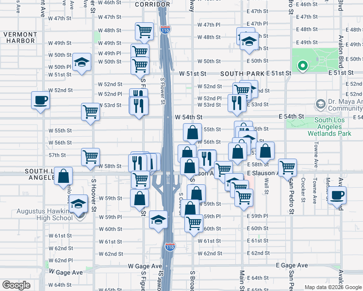 map of restaurants, bars, coffee shops, grocery stores, and more near 326 West 56th Street in Los Angeles