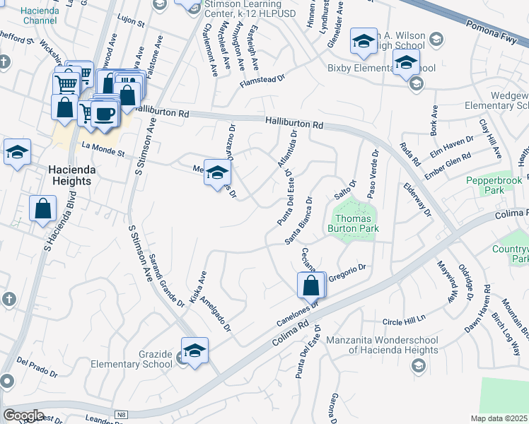 map of restaurants, bars, coffee shops, grocery stores, and more near 2137 Durazno Drive in Hacienda Heights