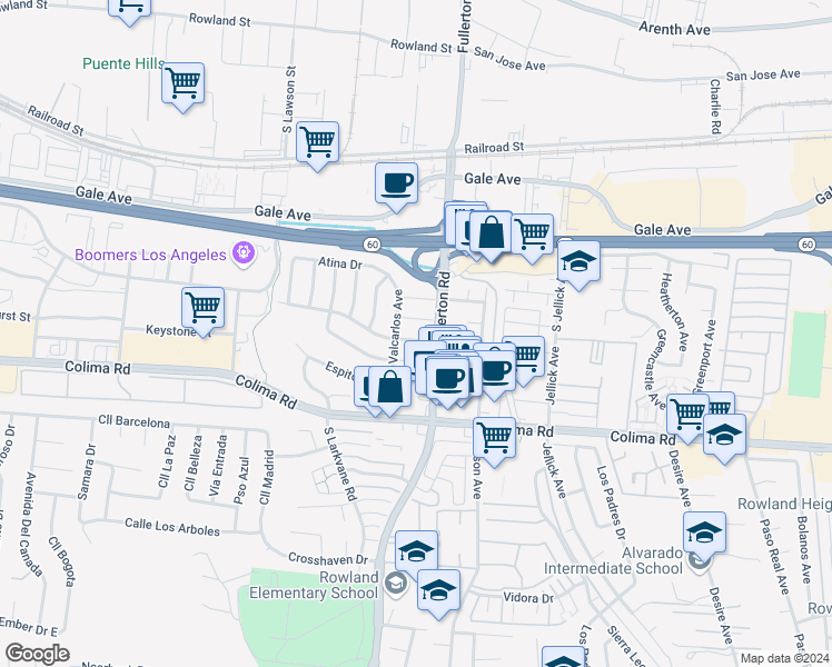 map of restaurants, bars, coffee shops, grocery stores, and more near 18221 Los Palacios Drive in La Puente